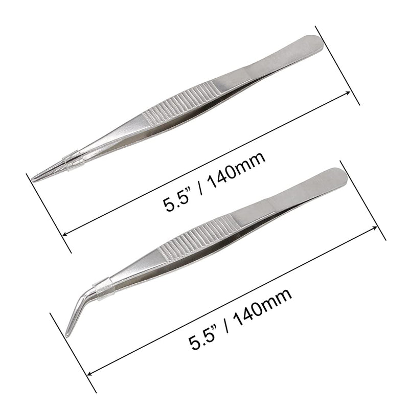 5-1/2 Inch Stainless Steel Tweezers with Straight and Curved Serrated Tip Multipurpose Forceps for Craft Repairing 2 Pack 5-1/2 Inch