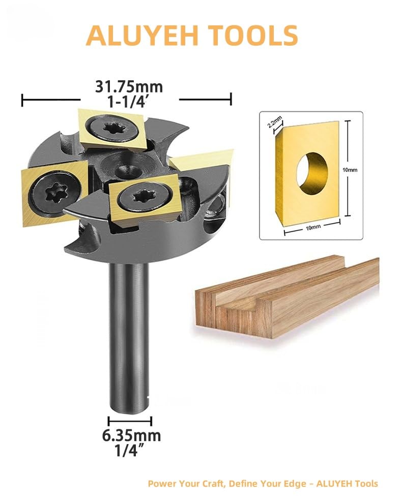 CNC Spoilboard Surfacing Router Bit（1/4" Shank, 2+2 Wing Design, 1-1/4" Cutting Diameter） TiN Coated Insert Carbide Slab Flattening Router Bit, Planing Bit Wood Planer Bit for Woodworking 1/4"shank,1-1/4"cutting diameter-Titanium Coated