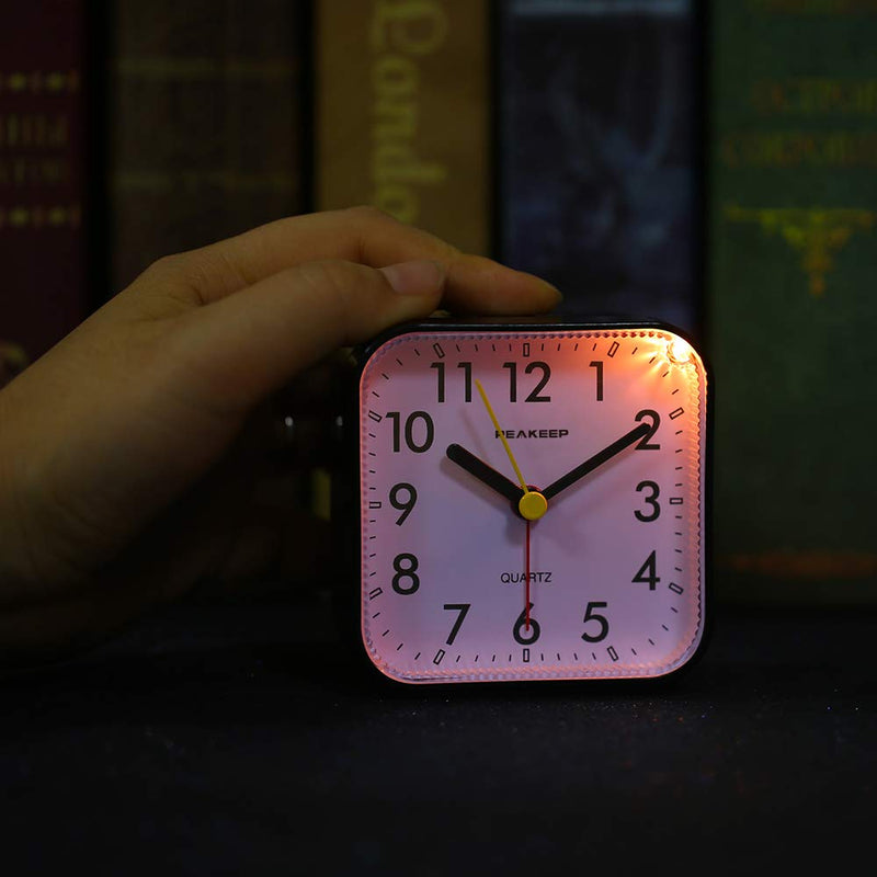 Peakeep Small Battery Operated Analog Travel Alarm Clock Silent No Ticking, Lighted on Demand and Snooze, Beep Sounds, Gentle Wake, Ascending Alarm, Easy Set (Black) Black