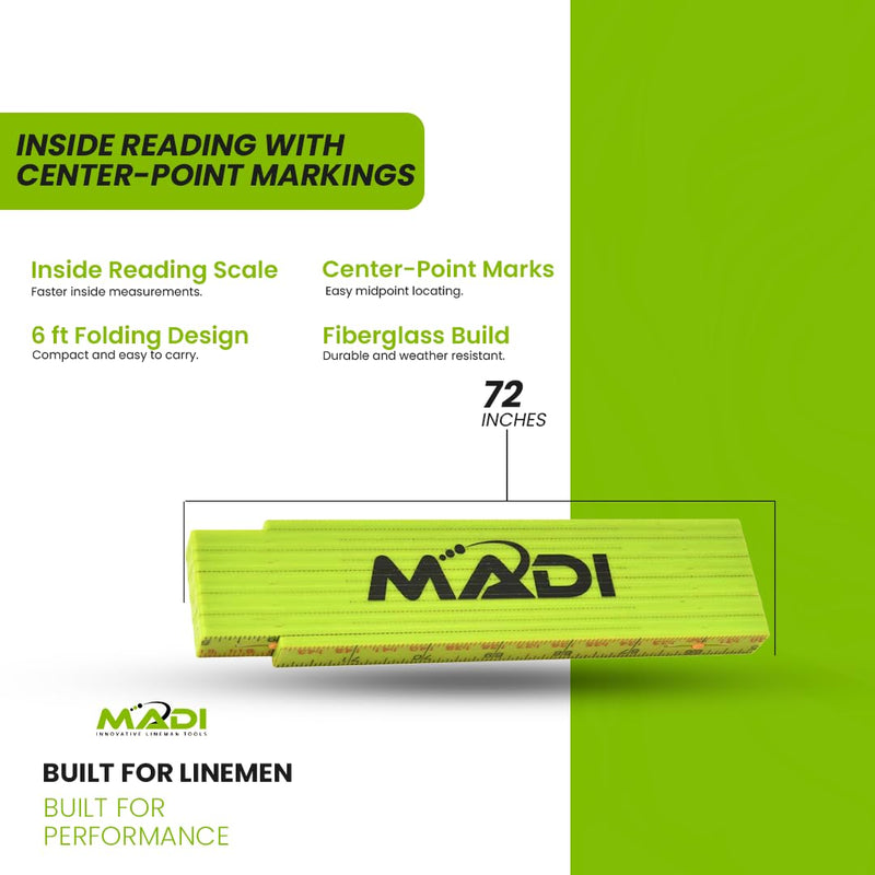 MADI 6' Fiberglass Folding Rule/Ruler - Precise Inside Reading with Center-Point Markings for Accurate Measurements | MPFR-6