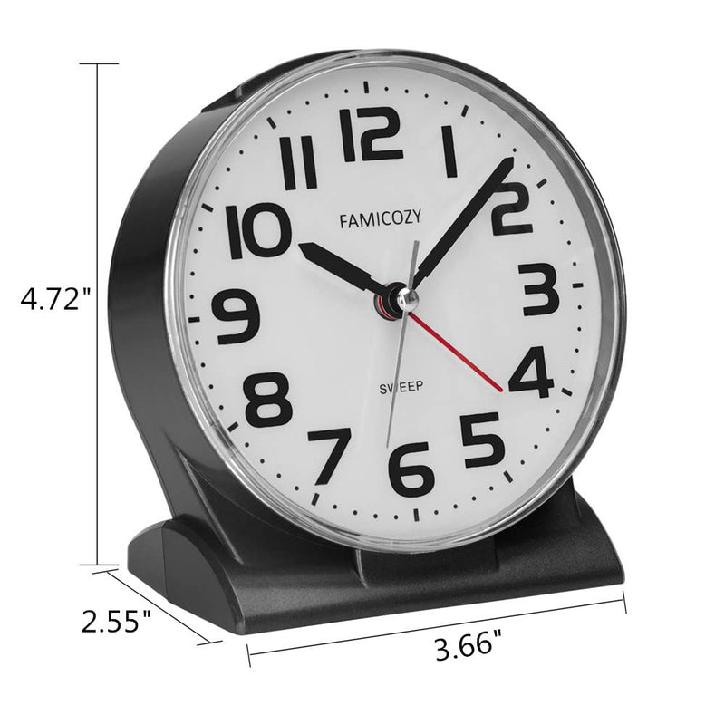 FAMICOZY 4.5" No Ticking Analog Alarm Clock,Silent Readable for Seniors,Easy to Set,Gradual Rise Alarm,Big Numbers,On/Off Switch on Side,Gentle Wake,Snooze Soft Backlight,Battery Operated,Black Black