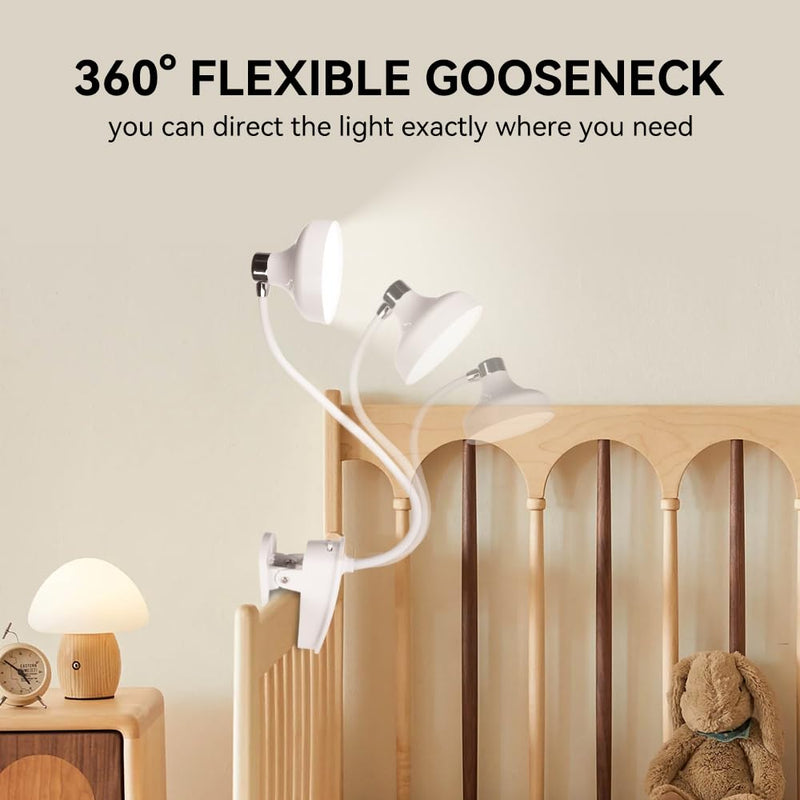 Clip on bed lamp,Rechargeable book Light,White Eye-caring,10 Dimmable adjustable brightness,3 Colors,20 LED,Gooseneck Hose,400 lumens,Suitable for bedside reading,Night Light,Clip on desk light