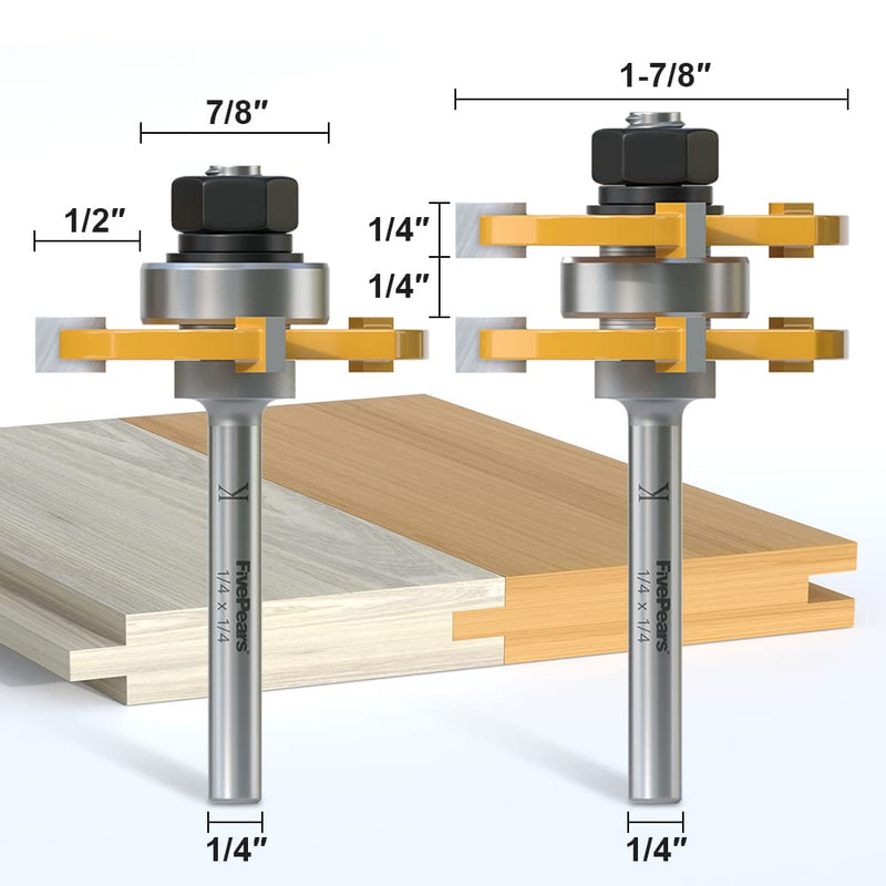 FivePears 2 Pieces of Tongue and Groove Router Bits Set with 1/4" Shank,3 Teeth T Shape Wood Milling Cutter Woodworking Tool 1/4-Inch Shank