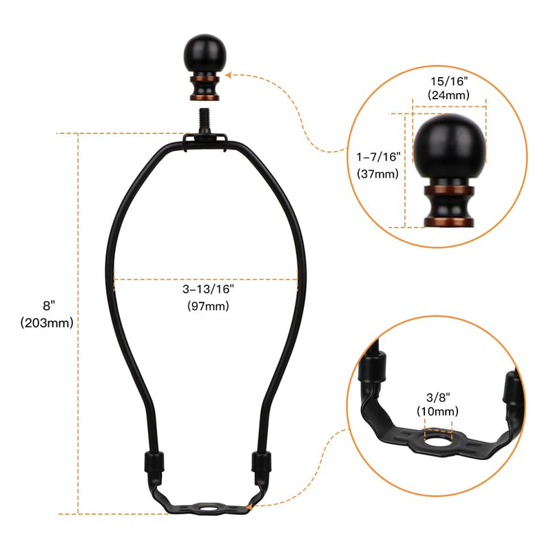Helunsi 8 Inch Lamp Harp, 2 Set Black Lamp Shade Harp Holder with Finial, DIY Detachable Replacement Lampshade Adapter Harp Bracket Hardware for Table & Floor Lamps Accessories Parts Repair - Metal 8inch - 2Set