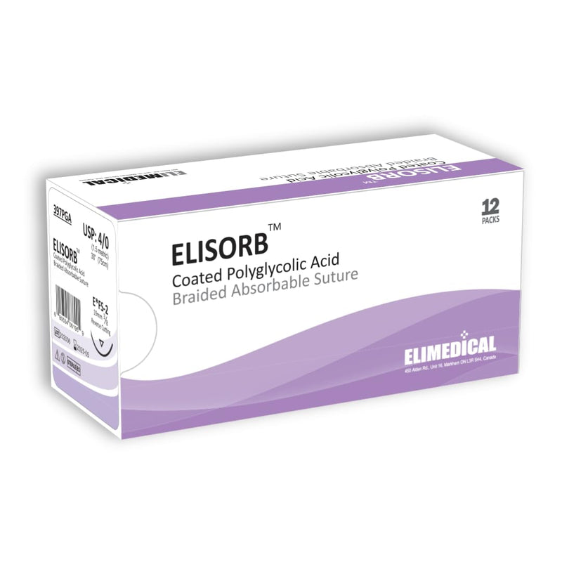 ELISORB Suture with Reverse Cutting Needle, 12 Pack. Sutures for Surgical Wound Training Students, Practice and Educational Use. Multifilament Absorbable Material 4/0 PGA, 30”, FS2, Violet 397PGA