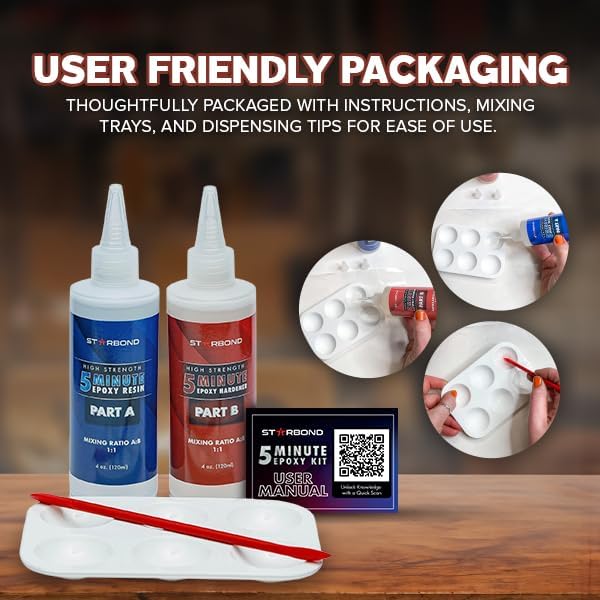 Starbond 5 Minute Epoxy Flexible-Toughened, UV-Protection Technology, Enhanced Durability Convenient Mixing Tools 2,600 lb Shear Strength, Quick Cure for Wood, Metal, Plumbing, Ceramic, 8 oz