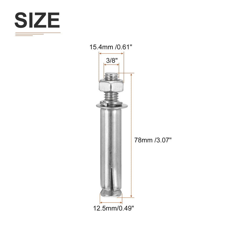 3/8" x 3" Hex Nut Sleeve Anchors - 5Pack - Good for Concrete Dry Brick Block Walls - 304 Stainless Steel - Silver 5