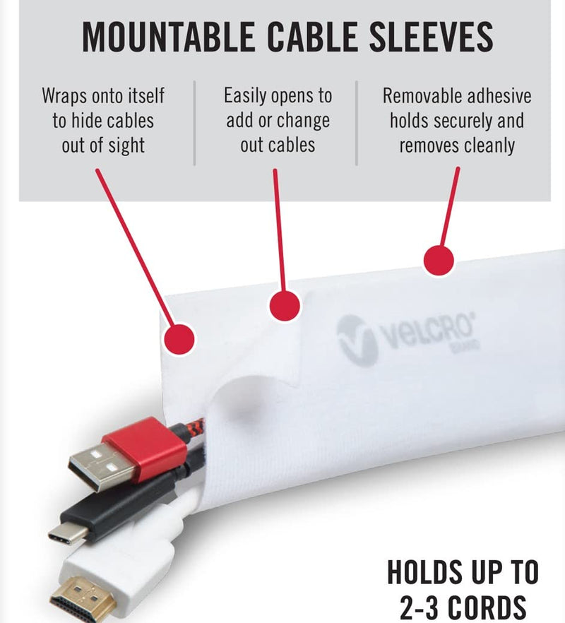 VELCRO Brand Cable Sleeves. Organize Messy Wires on Desk, Behind TV or Game Console. 16-Inch (2x8in) White. Removable Adhesive Mounts to Smooth Surfaces 8in - 2Pk