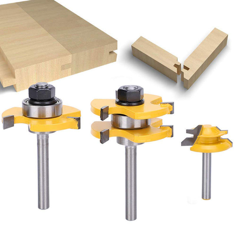 3PCS Router Bit Set, Tongue and Groove Router Bit Set 3 Teeth T Shape 1/4 Shank Lock Miter Adjustable T-Shape Wood Milling Cutter for Cabinets, Flooring, and Woodworking