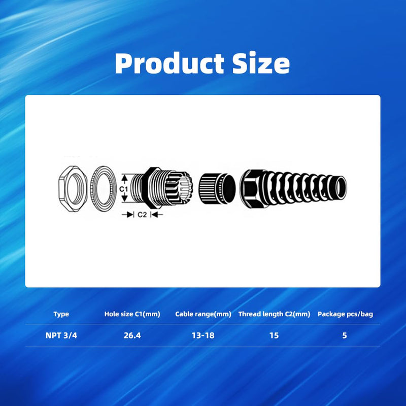 Strain Relief Cord Connector, CGELE 2 Pack NPT 3/4" Waterproof Cable Gland Cord Grip Spiral Adjustable Connector Strain Relief Cord Connectors Joints Nylon with Gaskets NPT 3/4" 2PCS