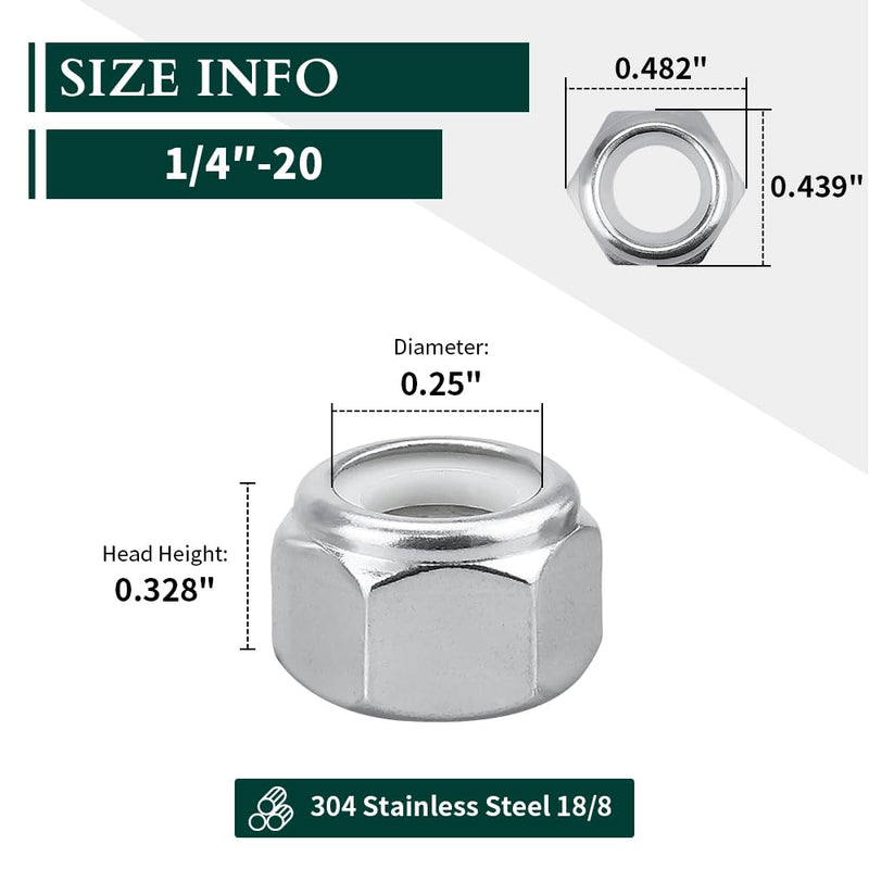 1/4-20 Nylon Insert Hex Lock Nuts Stainless Locknuts, Hex Drive, Bright Finish, 304 Stainless Steel 18-8 SS, Coarse Thread, 25 of Pack 1/4"-20