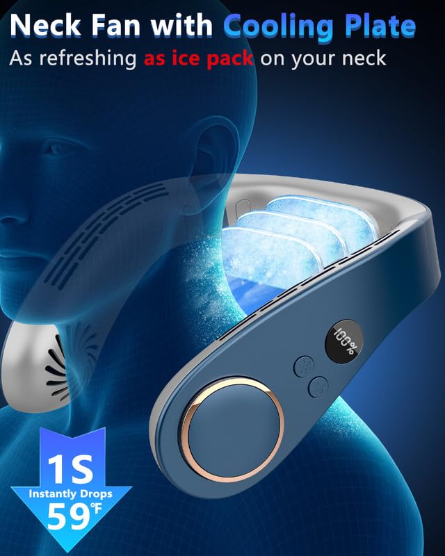 Neck Air Conditioner with Cooling Plate,Portable Neck Fan Air Conditioner,Recargable Long Life Bladless Personal Fan for Neck,Silent Headphone Round Conditioning Unit Gadgets for Travel Camping Disney Blue