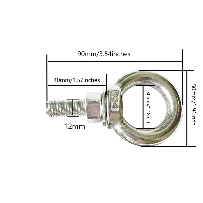 Heavy Duty Eye bolt, 2 PCS M12 304 Stainless Steel Eye Bolt Heavy Duty Lifting Ring 1.57" Threaded Eyebolt Shoulder Eye Bolts with Nuts and Flat Washers(Thread Length 40mm) m12x40(2pcs)
