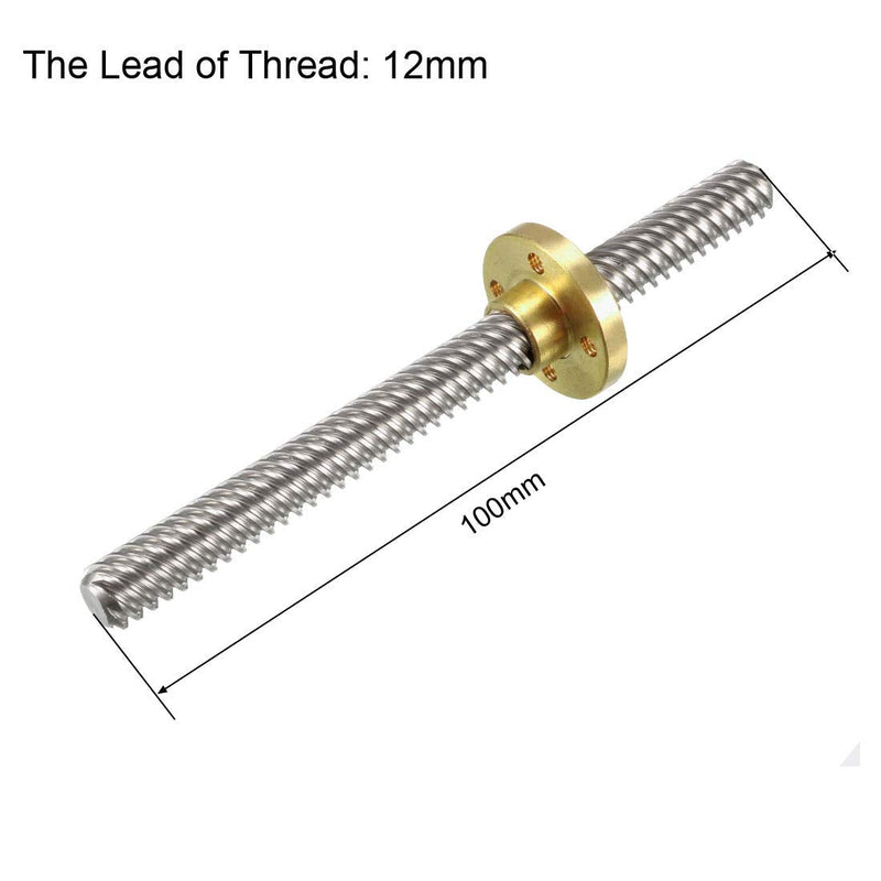 uxcell 100mm Length T8 8mm Dia Lead Screw Rod,12 Lead Stainless Steel Lead Screw Rod with Copper Nut Trapezoidal Thread for 3D Printer Z Axis2pcs