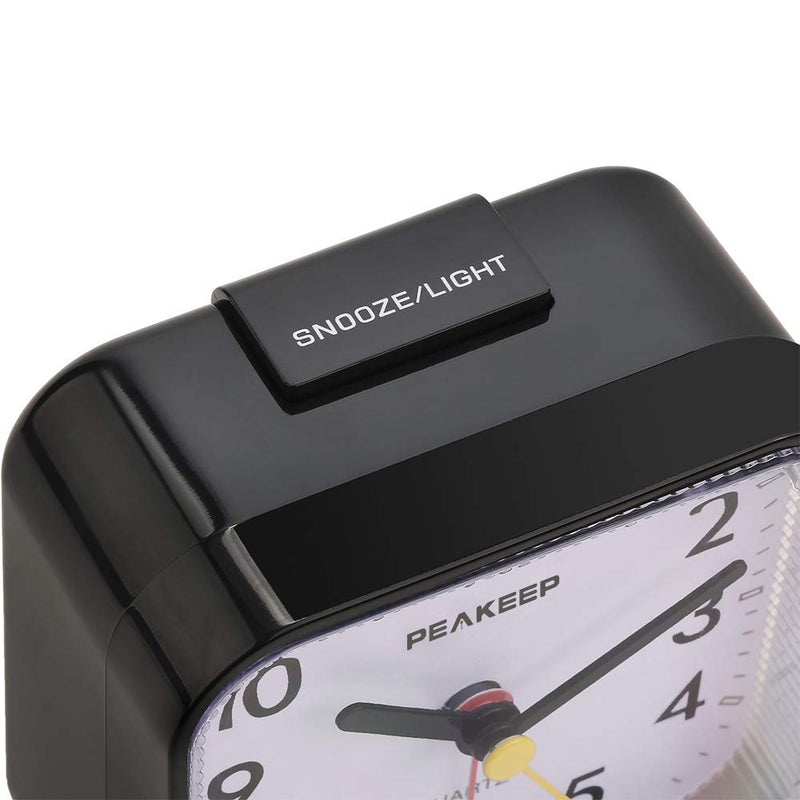 Peakeep Small Battery Operated Analog Travel Alarm Clock Silent No Ticking, Lighted on Demand and Snooze, Beep Sounds, Gentle Wake, Ascending Alarm, Easy Set (Black) Black