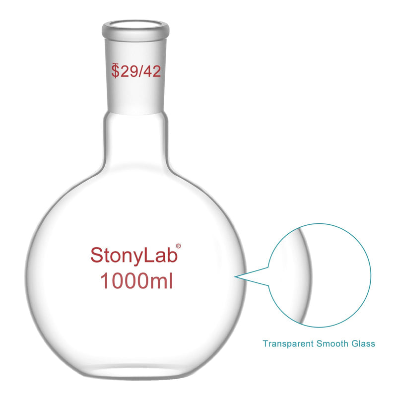 stonylab Heavy Wall Single Neck Borosilicate Glass Flat Bottom Boiling Flask, with 29/42 Standard Taper Outer Joint, 1000ml 1000 ml