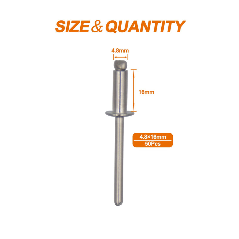 ISPINNER 50pcs 3/16" x 5/8" Stainless Steel Blind Rivets, 4.8 x 16mm Pop Rivets, Pack of 50 3/16" x 5/8"