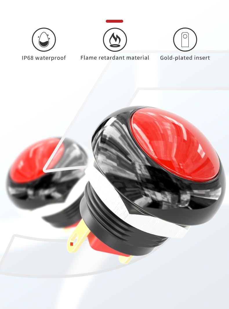 5pcs 12mm Momentary Push Button Switch Mini Round Switch IP68 Waterproof Gold-Plated Insert One Normally Open 3A 250V AC SPST NO 2 Pin PBS-33B (Red) Red
