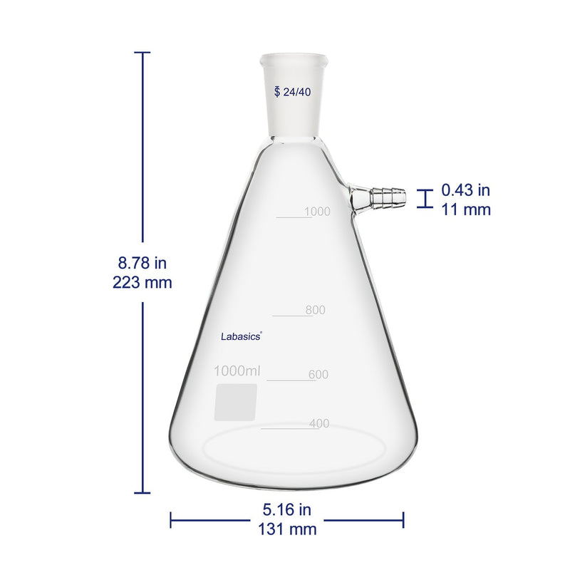 Labasics 1000 ml Filtering Flask with 24/40 Standard Taper Joint, High Borosilicate Glass Filter Flask, Bolt Neck with Tubulation, 9 mm Hose Interface