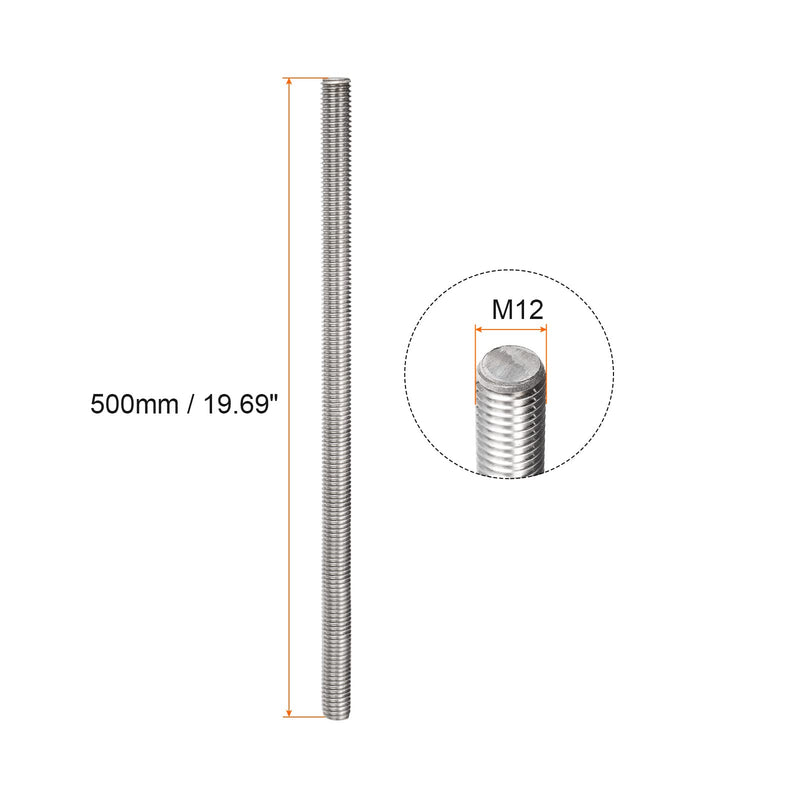 Fully Threaded Rod 304 Stainless Steel Right Hand Rod Bar Studs, [for Clamps and U-Bolts] - M12 x 500mm Male Threaded/Silver M12x500mm 1