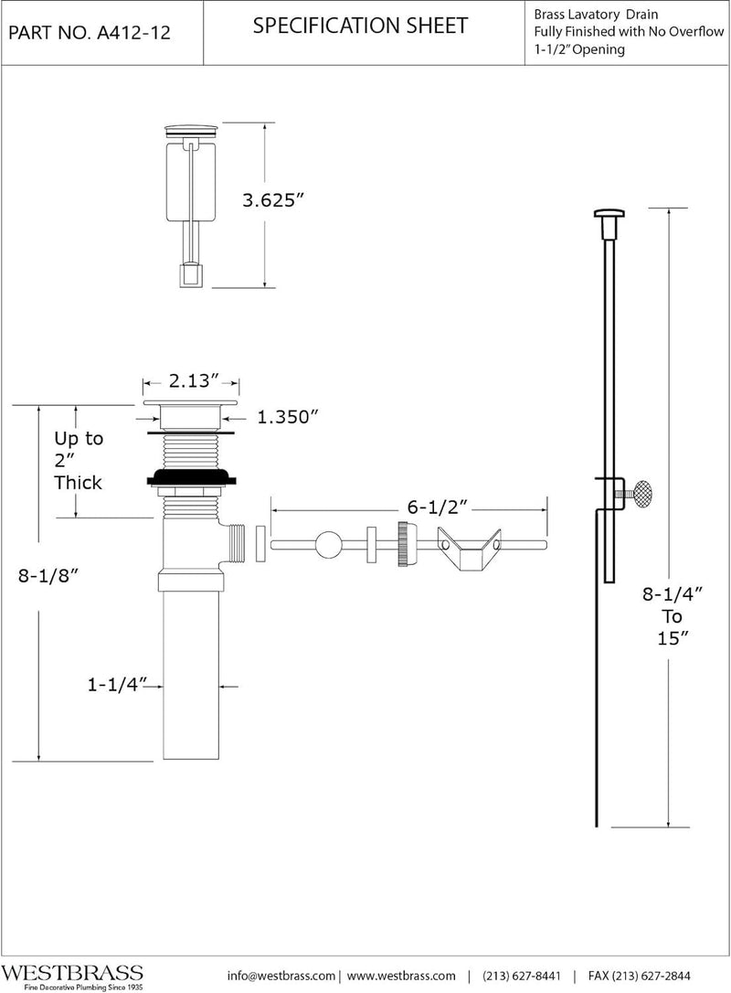 Westbrass A412-12-07 Pop-Up Bathroom Sink Drain Assembly Stopper with Lift Rod Without Overflow Holes-Exposed, Satin Nickel