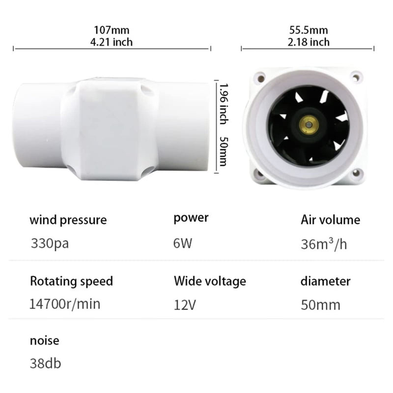 2'' Inline Duct Fan with Power Supply,Bathroom Exhaust Fan Kitchen 12V 6W Mini Blower for Office Hall Hydroponic Kitchen Adjustable speed