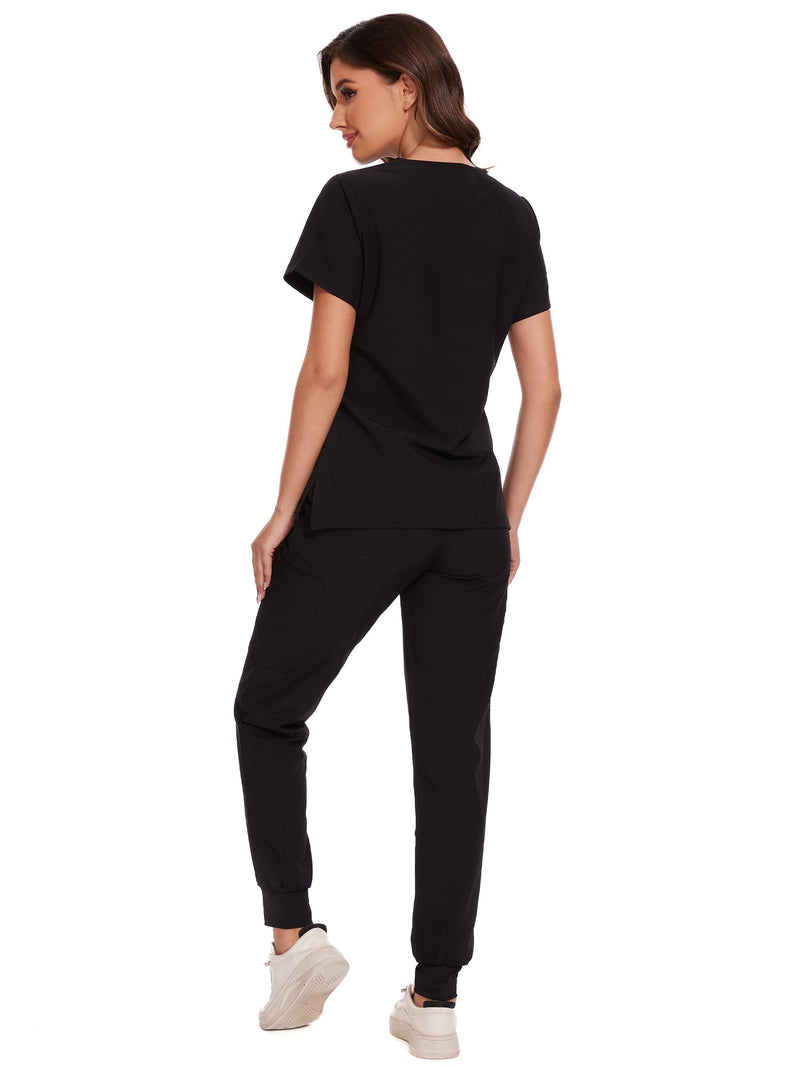 COZYFIT Scrubs for Women - V-Neck Top & Cargo Pants Scrubs Set with 10 Pockets Black Medium