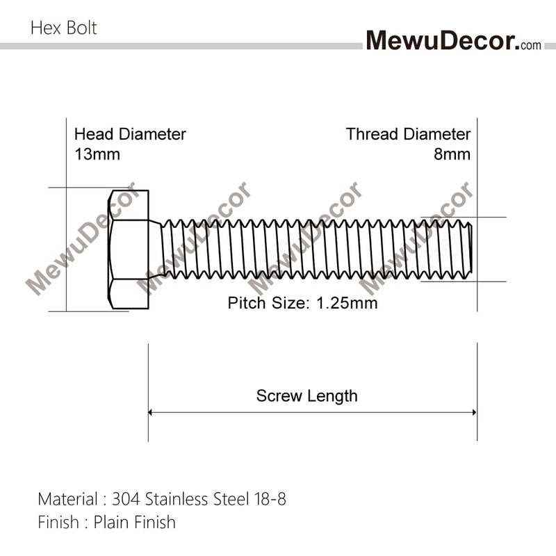 M8-1.25 x 20mm Hex Head Bolts Hexagon Screws, 304 Stainless Steel 18-8, Plain Finish, Fully Threaded, 25 PCS M8 x 20mm