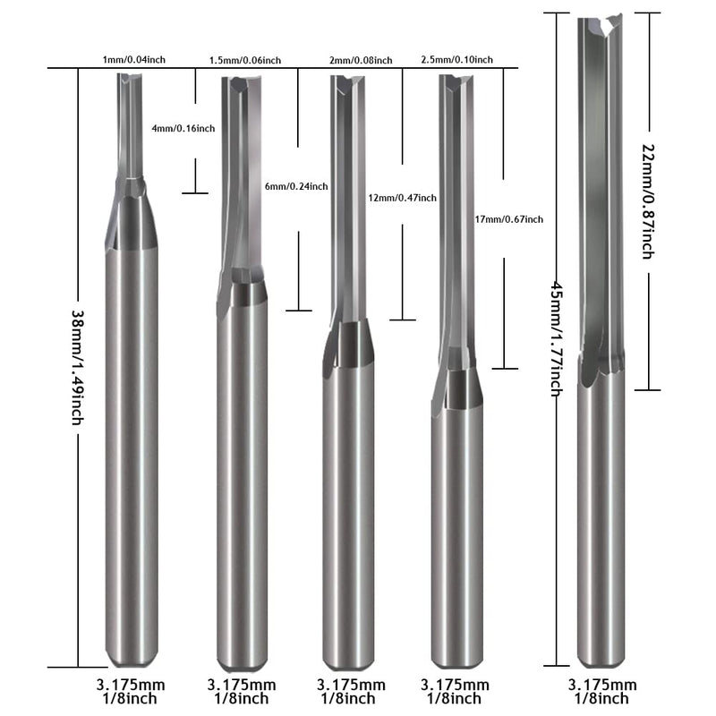 HOZLY 1/8 Inch Straight Router Bits Set (CED 1.0mm 1.5mm 2.0mm 2.5mm 3.175mm ) Milling Cutter 2 Flutes Double Edged CNC Cutting Tungsten Steel for Wood MDF Acrylic Milling