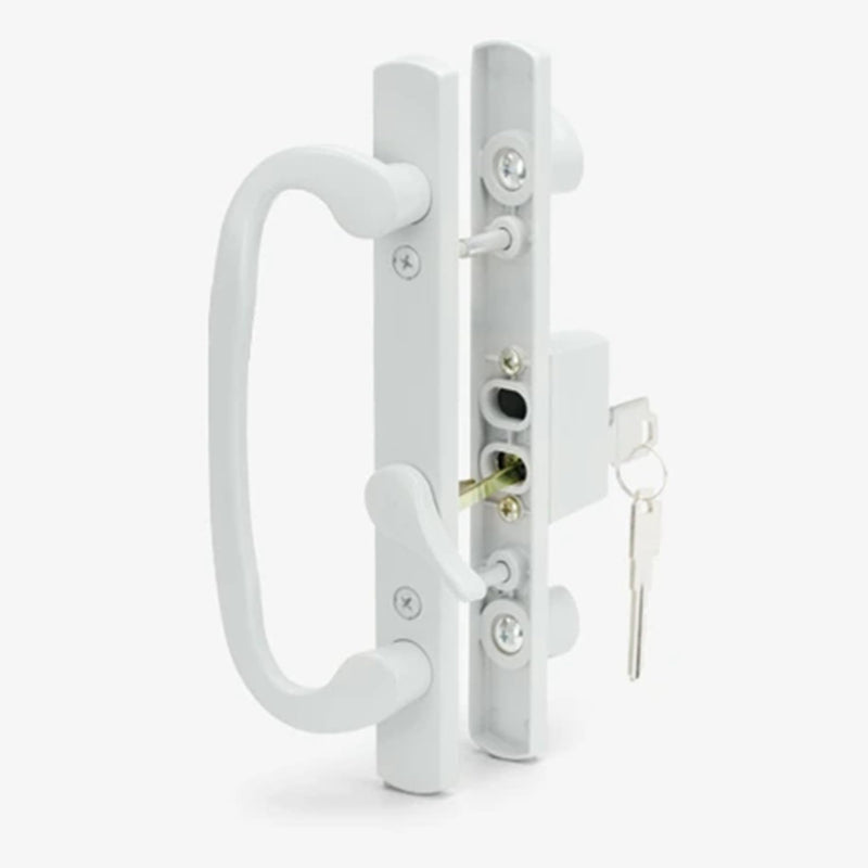 Keyed Sliding Patio Glass Door Handle Set Fits for Truth Legacy & Sash Controls P/N #2265, 45° Keyway w/o Mortise Lock, 3-15/16" Hole Centers, Non-Handed, White Diecast, B Position Offset Position