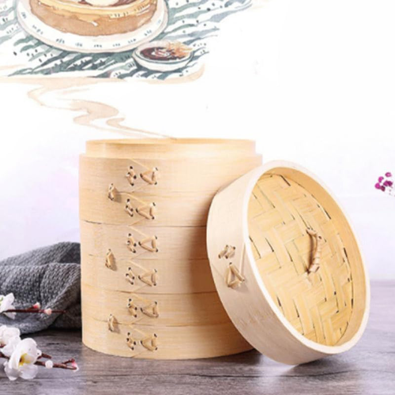 OUNONA Bamboo Steamer with Lid 5.11 Inch Round Kitchen Food Steamer Basket for Cooking Dim Sum Seafood Vegetables and Dumplings Natural Material Steaming Tool for Home Use 13X13X9.8CM