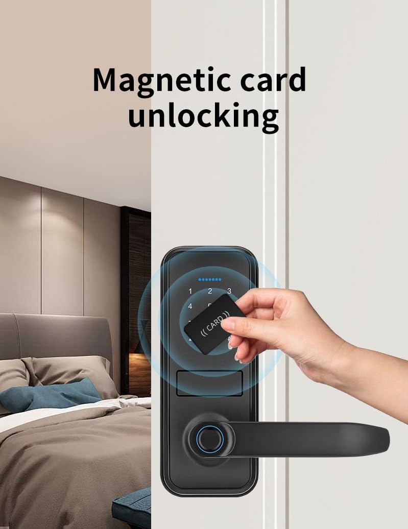 Smart Lock, Keyless Entry Door Lock with Sleek Matte Black Handle, Electronic Keypad Deadbolt, Fingerprint & Touchscreen Keypad, Biometric Door Lock, Bluetooth Smart Lock for Front Door (Black)