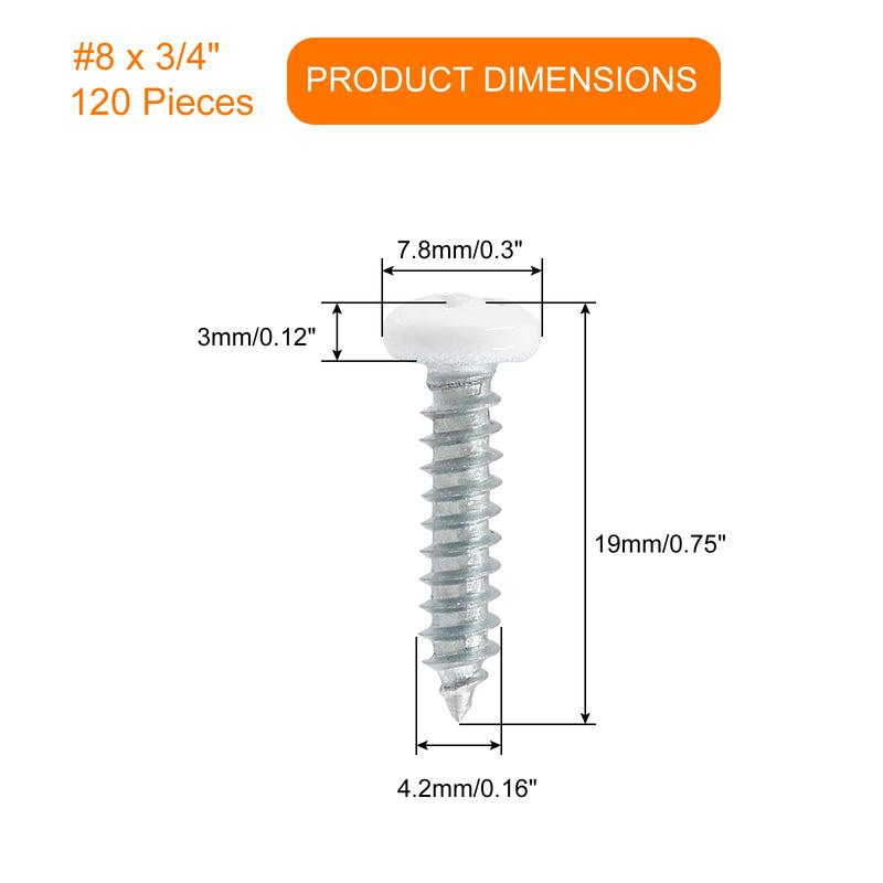 120Pcs White Pan Head Screws #8 x 3/4", Stainless Steel White Wood Screws Self-Tapping Screws Phillips Sheet Metal Screws Self Tap Drill Screws 3/4”(19mm) 120