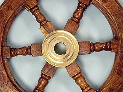 Captain’s Wooden Ship Wheel 12” – Handcrafted Wheel with Brass Ring & Hub, Nautical Wall Décor,Pirate and Beach-Themed Home or Office