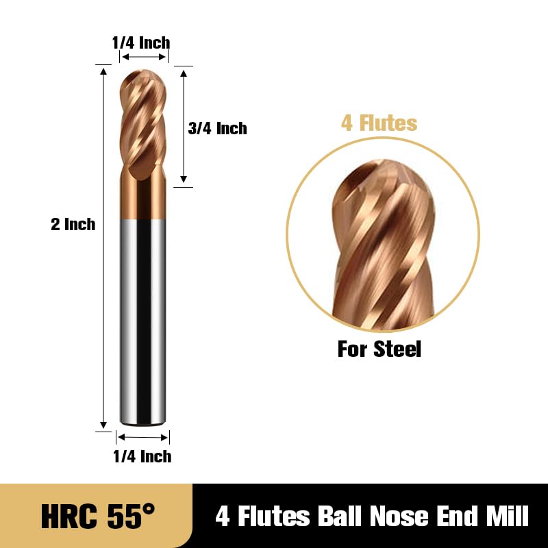 1/4" Carbide Ball Nose end Mill Bits - 1/4" Shank Dia,2'' Oal - 4 Flutes TISIN Coated - for Alloy Steels, Hardened Steels 1/4 in
