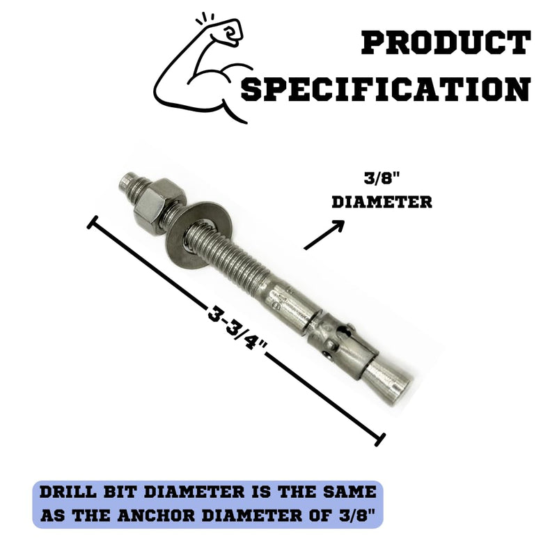 Premium 316 Stainless Steel Wedge Anchor, 3/8-16 X 3-3/4 – Heavy Duty Corrosion Resistant Fastener for Concrete and Masonry Applications 10 Pack