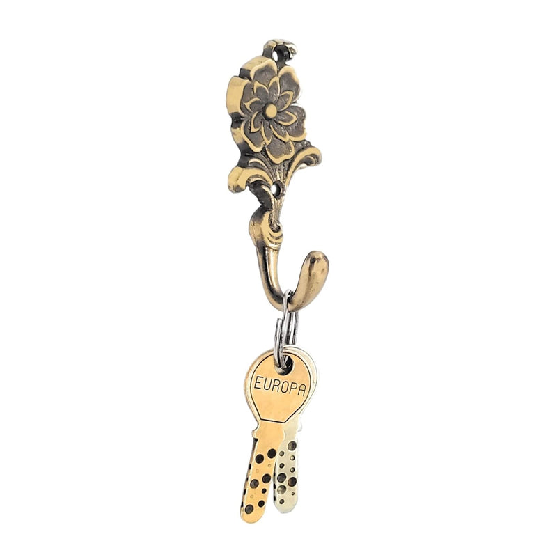 FAPBADRI Multipurpose Hooks, Used to Hang Clothes, Bags, Coats, Curtain Hold Backs, Keys, Colour - Antique Gold, Material - Brass, Flower Design, Screws and Wallplugs Included, Pack of 10 Pieces Antique Gold Flower Hook - 10pcs