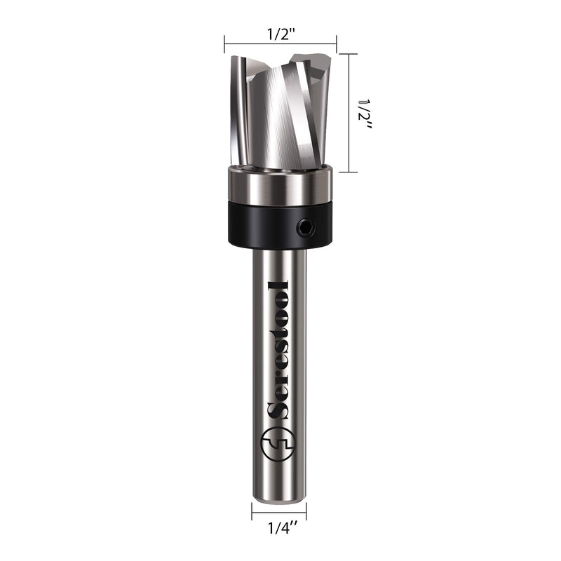Top Bearing Flush Trim Router Bit 1/4 Shank, 1/2" Cutting Diameter, 1/2" Cutting Length, 3 Flutes Down Cut, Carbide Spiral Pattern Template Bit for Wood Trimming 1/4"x1/2"x1/2"