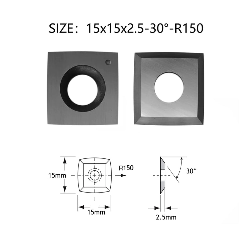 10 Pcs Square Carbide Inserts Knives for Planer Helical Cutterhead, 15x15x2.5mm 30° Angle R150 Radius Woodturning Tool Replacement 15x15x2.5-30-R150