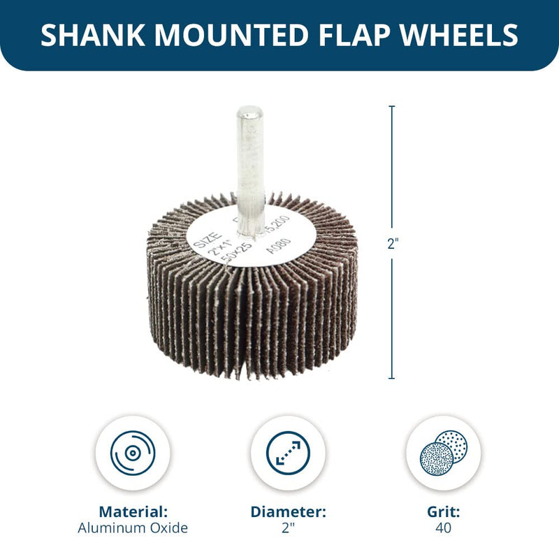 Benchmark Abrasives Aluminum Oxide 2 Inch Flap Wheel - 1” Length 1/4" Shank Mounted Sander for Deburring, Sanding, Grinding, Paint Removal - Polishing Wheel for Drill & Grinder (10 Pack) - 40 Grit