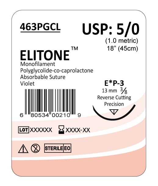 ELITONE Suture with Reverse Cutting Needle, 12 Pack. Sutures for Surgical Wound Training Students, Practice and Educational Use. Polycaprolactone Absorbable Material 5/0 PGCL, 18”, P3, Violet 463PGCL
