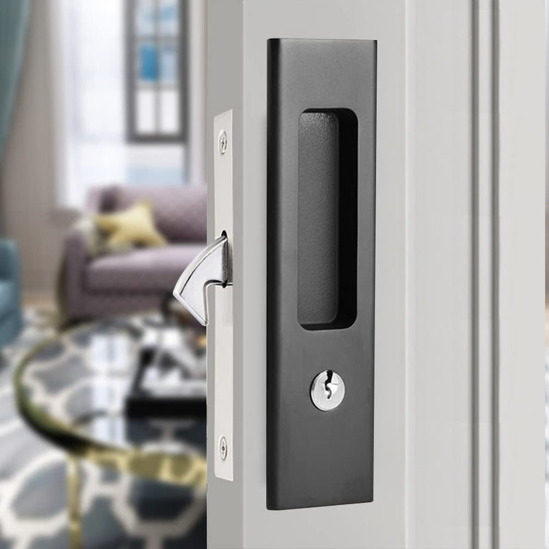 6.3" Privacy Pocket Door Lock Hardware, Sliding Barn Door Lock with Keys,Concealed Recessed Door Handle Door Lock Furniture Hardware Door Locks for Many Scenarios Bathroom, Barn,Bedroom (Black) Black