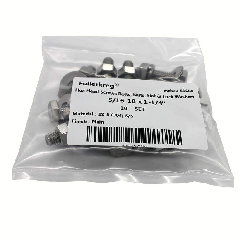 (10 Sets) 5/16-18x1-1/4" Stainless Steel Hex Head Screws bolts and nuts kit, Nuts 5/16, Fender Flat Washer 5/16& Spring Lock Washers 5/16, 18-8 (304) S/S, Fully Threaded by Bolt Fullerkreg (10 Sets) 5/16x1-1/4"