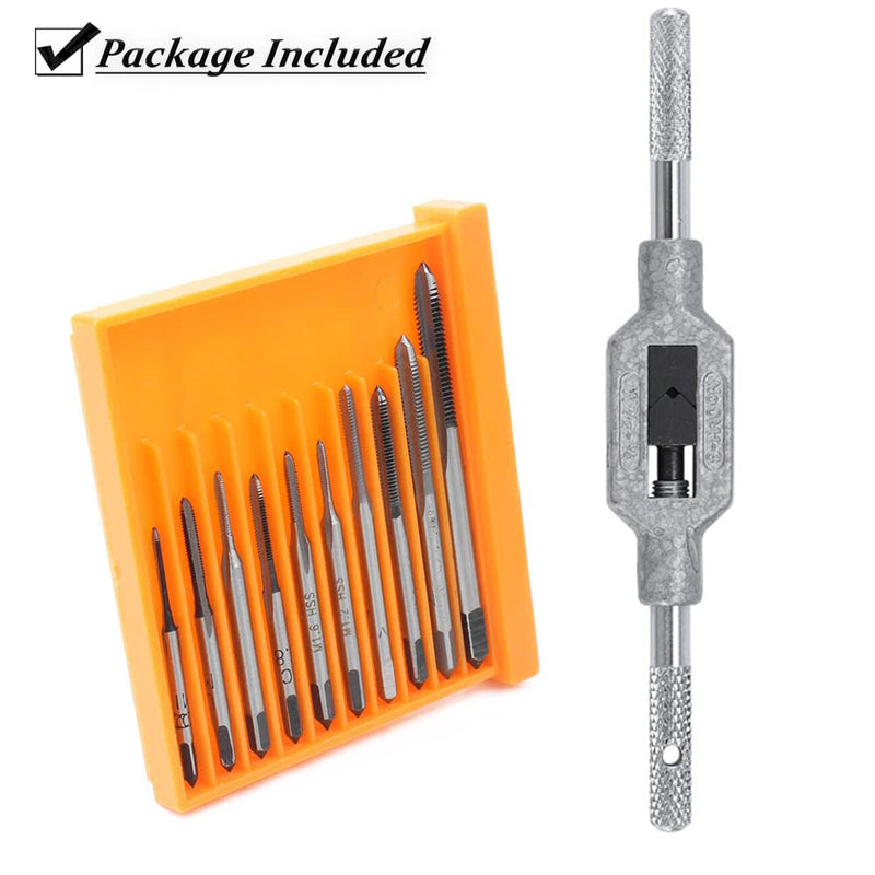 10pcs Micro Taps Bit Small Hand Screw Thread Taps M1-M3.5 HSS Mini Metric Plug Tap Screw Tap Drill Tap Drill Set Tapping tool with Adjustable Tap Wrench 1/16-1/4''