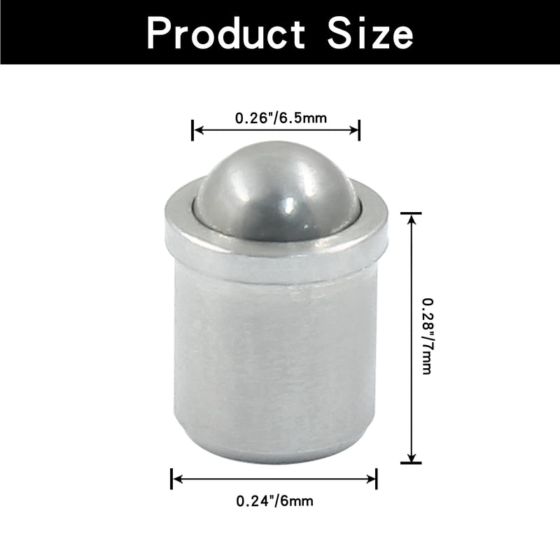 20 pcs Ball Plungers 0.24" Diameter Ball Bearing 304 Stainless Steel Push Fit Ball Spring Smooth Plunger for Door, Cabinet, Closet Drawer（φ 6x7） 0.24"x0.28"(D*H) 20