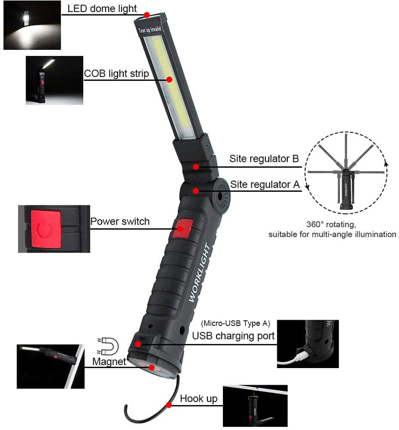 2Pack LED Work Lights, USB Rechargeable COB Light with Magnetic Base 360°Rotate and 5 Modes, Folding Flashlight Inspection Mechanic Light for Car Repairing, Workshop, Household and Emergency Use,Large 2Pack Black