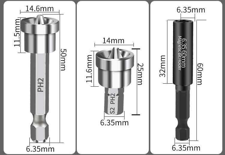 5 pcs Set Premium Magnetic Drywall Screw Setter PH2 Bits for Plasterboard Sheetrock Screw Hex Shank Positioning Bit Batch Head. Medium
