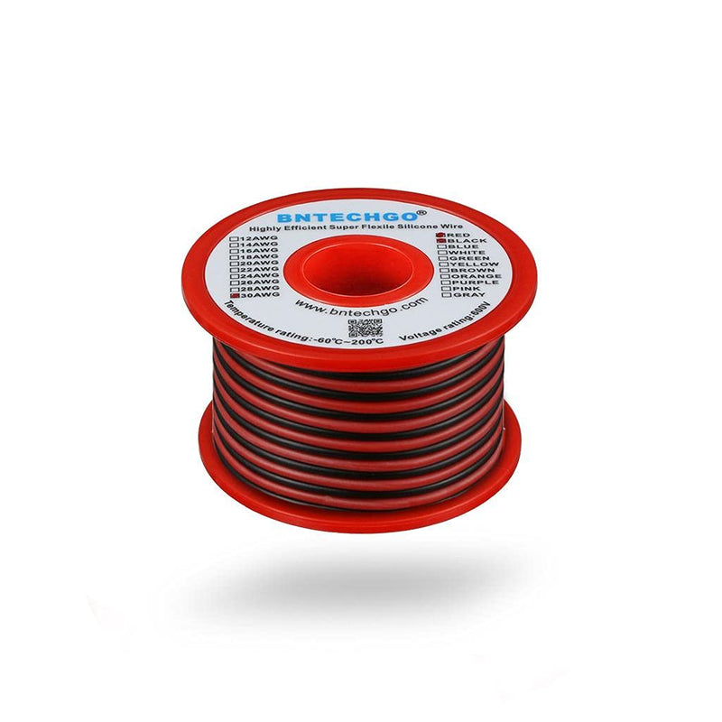 BNTECHGO 30 Gauge Silicone Wire Spool Red and Black Each 50ft 2 Separate Wires Flexible 30 AWG Stranded Tinned Copper Wire 30 gauge silicone wire each color 50 ft