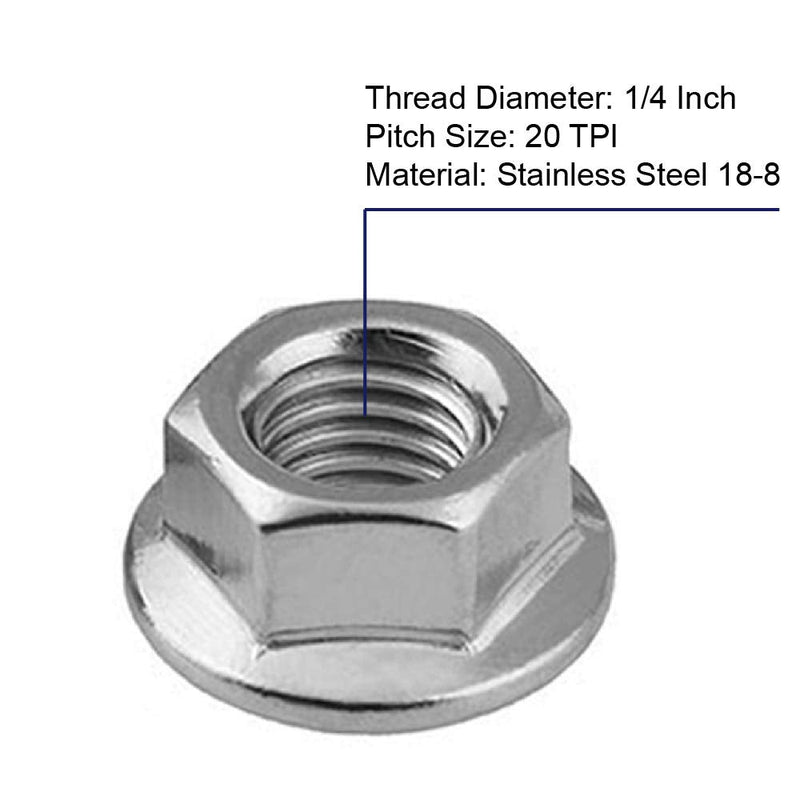 1/4-20 Serrated Flange Hex Lock Nuts, Stainless Steel 18-8 (304), Bright Finish, 100 PCS 1/4-20