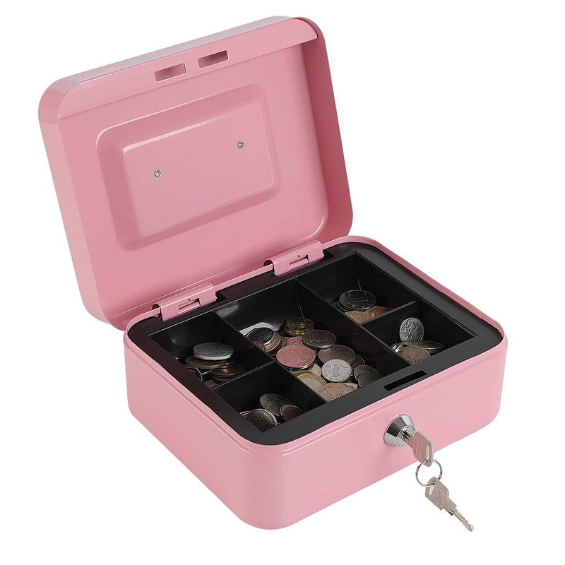 xydled Locking Steel Medium Cash Box with Removable Coin Tray and Key Lock,7.87"x 6.30"x 3.54",Pink Pink
